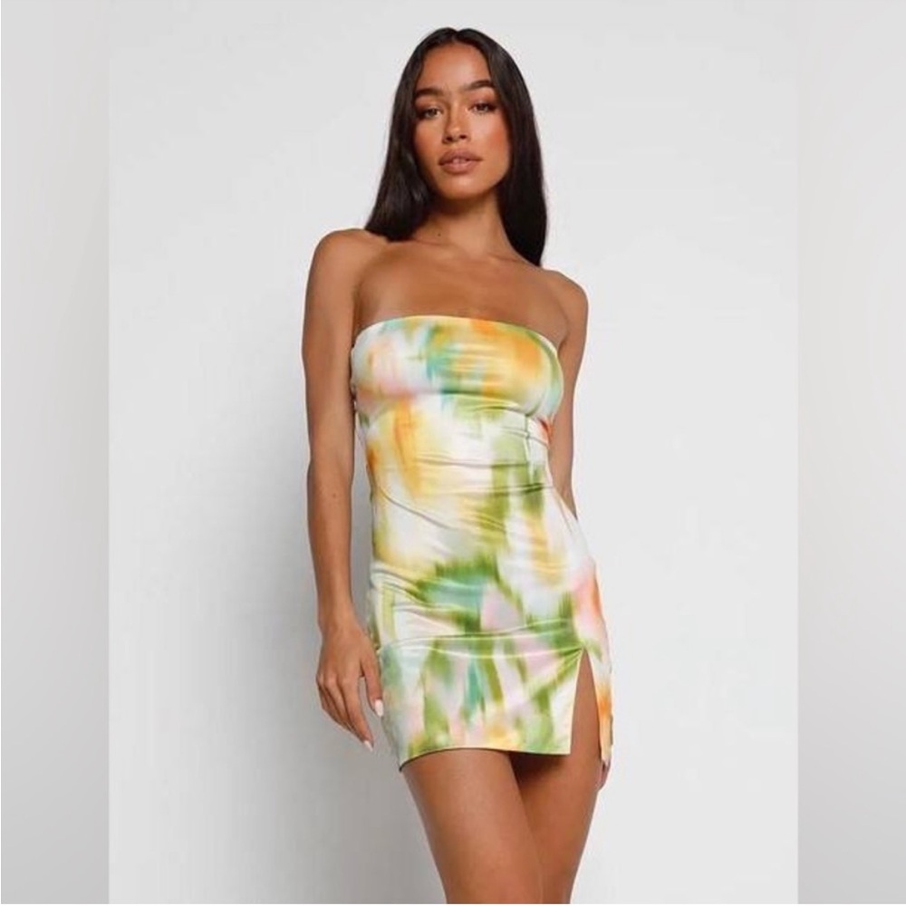 Tiger Mist Green White Orange Blur Halina Strapless Tube Mini Dress